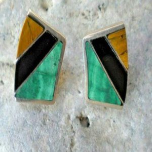 Vintage 925 Sterling Silver Tiger's Eye Onyx Malachite Inlays Earrings